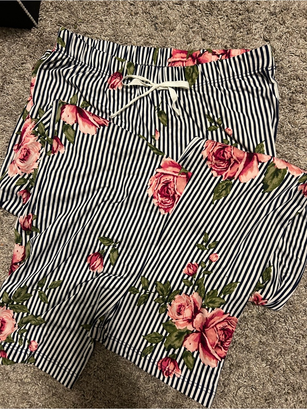Bobbie Brooks black & White Striped Wide Leg Pants with Pink Floral Print